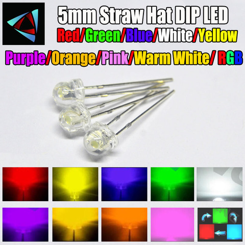 100pcs (10 Colors x 10pcs) 5MM  Straw Hat LED Diffused Kit 5 MM 3V Warm White Green Red Blue Yellow Orange Purple UV Pink RGB ► Photo 1/1