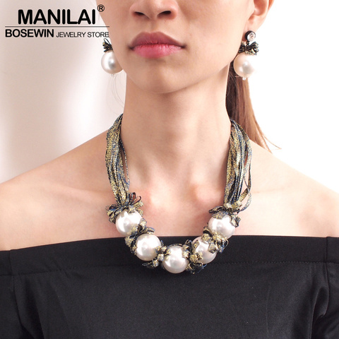 MANILAI Big Imitation Pearl Necklace Set For Women Fashion Colorful Ribbon Statement Necklace Earrings Wedding Jewelry Sets ► Photo 1/6