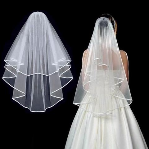 Wedding Simple Tulle White Color Two Layers Bridal Veil Ribbon Edge Cheap Bride Accessories Women Veil with Comb ► Photo 1/6
