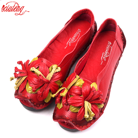 Xiuteng New National Wind Flowers Handmade Genuine Leather Shoes Women Retro Soft Bottom Flat Shoes Summer Canvas Ballet Flats ► Photo 1/6