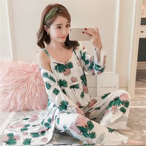 Brand New women's 3 pieces pajamas sets milky silk Spaghetti Strap Tops and long pants and long nightgowns sleepwear pyjamas set ► Photo 1/6