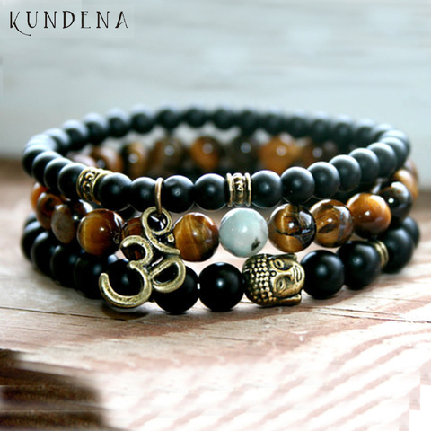 Mala Healing beads Tiger eye Matte Onyx Yoga Bracelets Bronze Buddha Om wrist Set of 3 bracelet for Man Gift For Him ► Photo 1/5