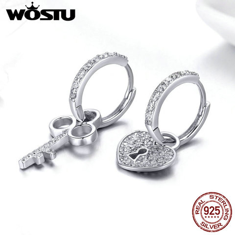 WOSTU 100% 925 Sterling Silver Key Lock Drop Earrings Zircon Love Heart FNngle Earrings For Women Wedding Luxury Jewelry FIE577 ► Photo 1/1