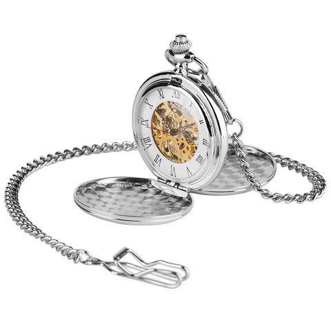 Silver Smooth Case Vintage Roman Number Hand Wind Mechanical Pocket Watch Double Open Hunter case fob watches Men Women Gift ► Photo 1/6