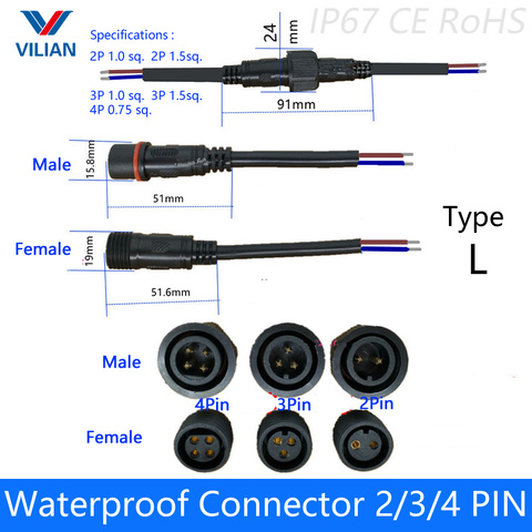 5 pairs Waterproof connector Current 6A/8A/12A 2 pin / 3 pin / 4 pin  with wire cable IP67 female  male plug  0.75/1.0/1.5.(mm2) ► Photo 1/5