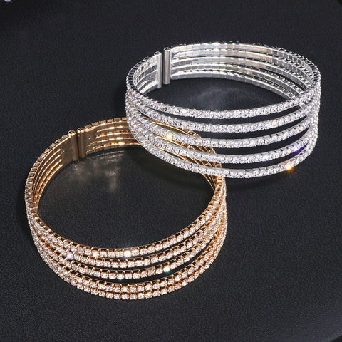 5 Rows Elegant Clear Rhinestone Bangle Bracelet Gold Color Crystal Bangles Wedding Bridal Jewelry Accessories For Women WX209 ► Photo 1/5
