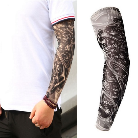 Fake Temporary Tattoo Sleeves Tattoos Full Long Slip On Arm Tattoo Sleeve Kit Men Elastic Nylon Glove Tattoos black skull design ► Photo 1/6
