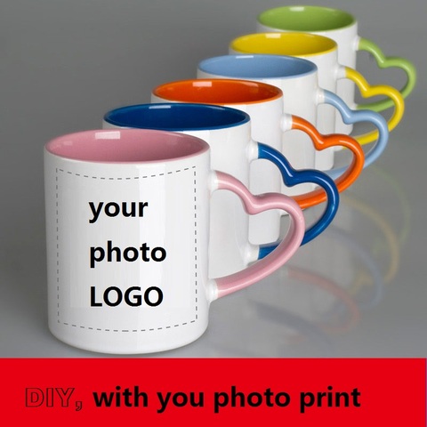 Ceramic mug DIY photo Heart shape handle Color inside and Color heart hand cup with customized pictures DIY images print MAZWEI ► Photo 1/6
