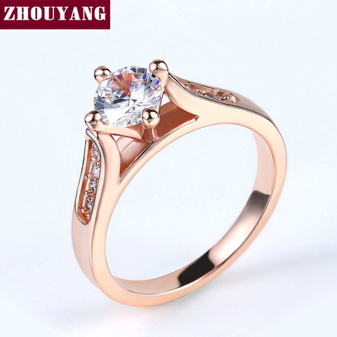 ZHOUYANG Engagement Wedding Ring For Women Classic Prong Setting CZ  Rose Gold Color Fashion Jewelry Lover's Ring R064 R065 ► Photo 1/6