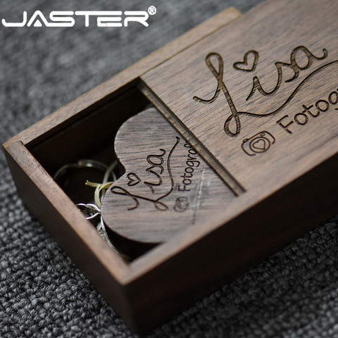 JASTER  (free custom logo ) walnut wooden heart + gift box USB flash drive creative pendrive 8GB 16GB 32GB 64GB memory stick ► Photo 1/5