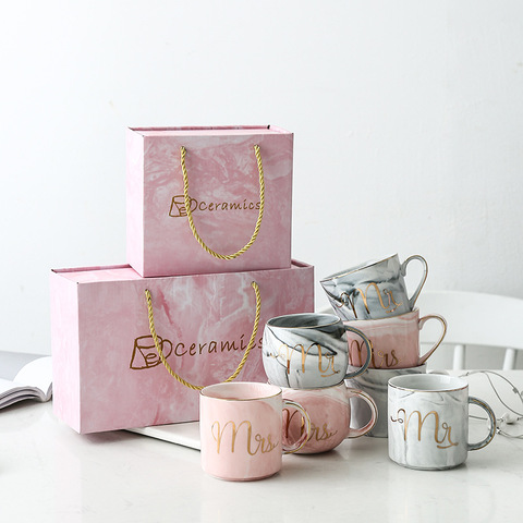 Luxury Pink Gold Mr Mrs Ceramic Marble Coffee Mug Cup Wedding Bridal Couples Lover's Gifts Mug Porcelain Milk Tea Breakfast Cup ► Photo 1/5