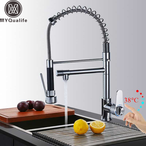 Chrome Dual Swivel Spout Kitchen Sink Faucet Thermostatic Pull Down Hot and Cold Spring Kitchen Mixer Cranes Deck Mounted ► Photo 1/6