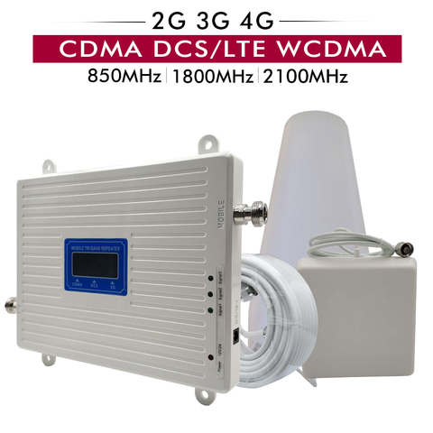 Gain 65dB Tri Band Booster CDMA 850 DCS/LTE 1800 WCDMA 2100 MHz 2G 3G 4G Cell Phone Signal Repeater Full Set with Antenna Cable ► Photo 1/6