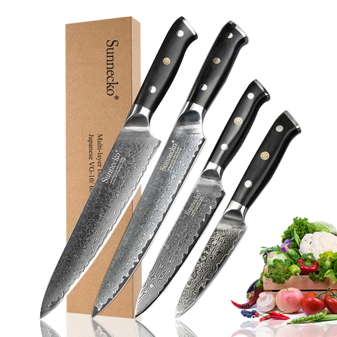 SUNNECKO 4pcs Kitchen Knives Set Chef Slicing Utility Paring Knife Damascus Steel Japanese VG10 Blade G10 Handle Cooking Tools ► Photo 1/5