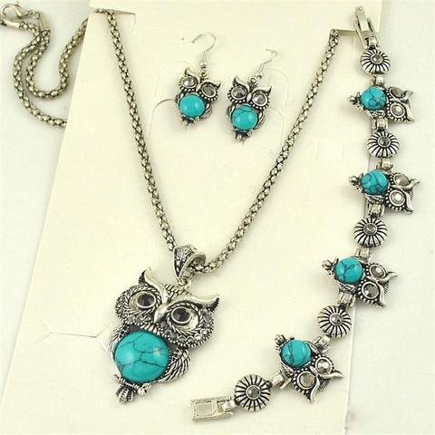Vintage Owl Jewelry set Dangle pendant Necklace Bracelet Earrings lady accessories ► Photo 1/5