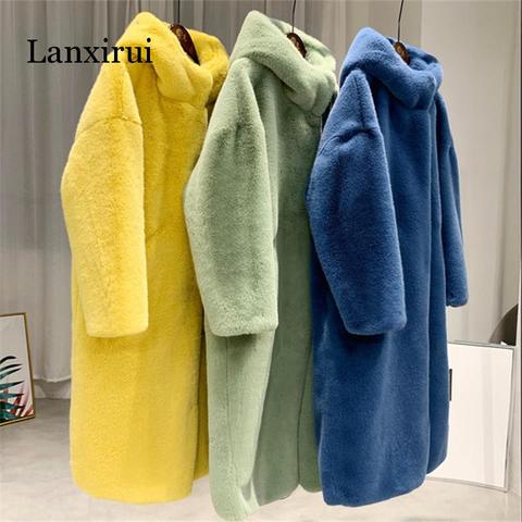 Autumn Winter Mink Women Fur Coat Clothes Plus Size Korean Faux Fur Streetwear Hooded Loose Thick Warm Long Coat Female ► Photo 1/6