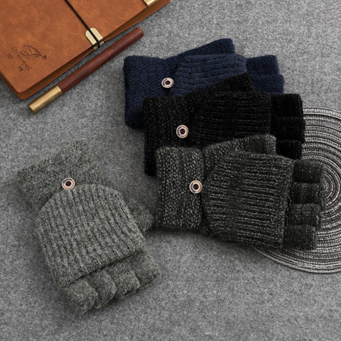 2022 Winter Men Gloves New Flip Knitted Warm Striped Mittens Button Half Finger Exposed Glove Plus Thick Male Mitten ► Photo 1/6