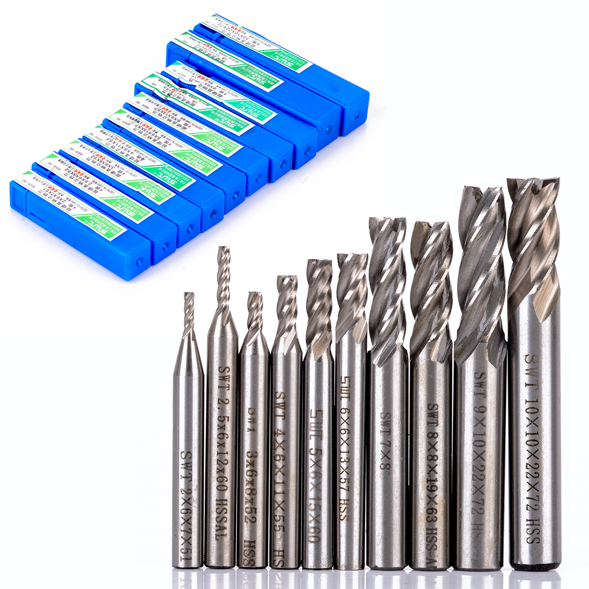 10Pcs High speed steel 4 Flute CNC End Milling Cutter Set Tool 1.5/2/2.5/3/3.… 