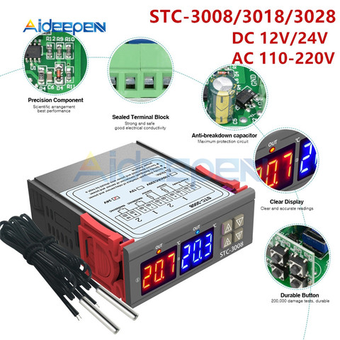 STC-3008 3018 3028 AC 110V 220V DC 12V 24V 10A Dual Digital Temperature Controller Hygrometer Heating Cooling Two Relay Output ► Photo 1/6