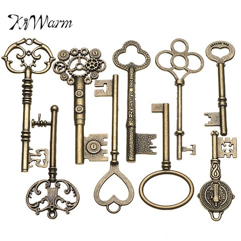 KiWarm 9PCS Large Antique Vintage old Brass Skeleton Keys Lot Cabinet Barrel Lock Necklace Pendant Decor DIY Jewerly Crafts ► Photo 1/6