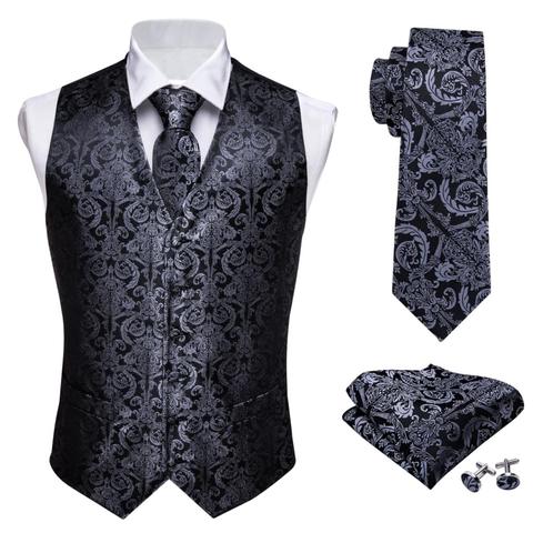 Designer Mens Classic Black Paisley Jacquard Folral Silk Waistcoat Vests Handkerchief Tie Vest Suit Pocket Square Set Barry.Wang ► Photo 1/6
