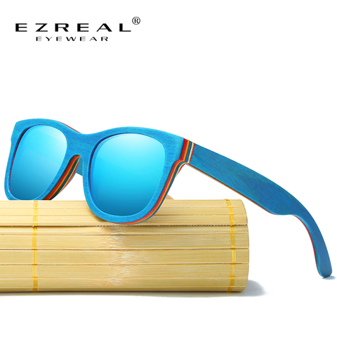 EZREAL Skateboard Wooden Sunglasses Blue Frame With Coating Mirrored Bamboo Sunglasses UV 400 Protection Lenses in Wooden Box ► Photo 1/6
