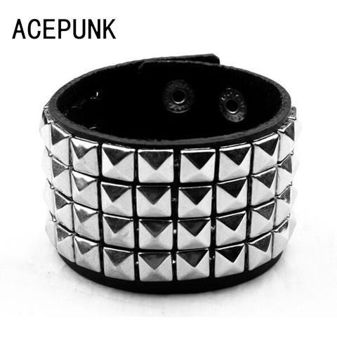 Wide Punk Rivet Leather Bracelets Rock 4 Rows Square Nails Wristband Adjustable Size Jewelry Bracelets & Bangle ► Photo 1/6