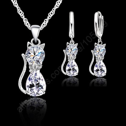 Jewellery Sets Accessories Genuine 925 Sterling Silver  Cubic Zirconia Cat Kitty Necklace Pendant+Leverback Earrings Hot ► Photo 1/6