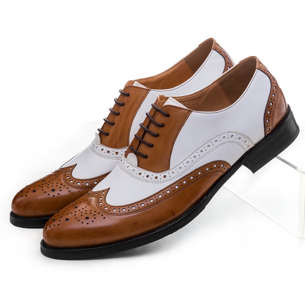 Large size EUR45 black white / brown white mens wedding shoes genuine ...