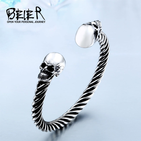 Beier new store 316L Stainless Steel Bangles high quality for women and men double skull PUNK Bangles fashion jewelry LLBRG-012G ► Photo 1/6