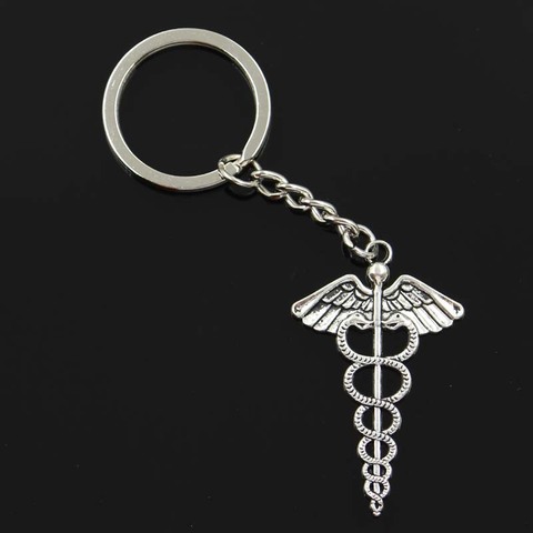 New Fashion Men 30mm Keychain DIY Metal Holder Chain Vintage Caduceus Medicine Symbol 49x30mm Silver Color Pendant Gift ► Photo 1/6
