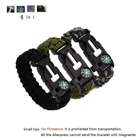 4 in 1 Emergency Survival Bracelet For Men Outdoor Rescue Parachute Cord Wristband Whistle Compass Paracord NO Flintstones ► Photo 1/6