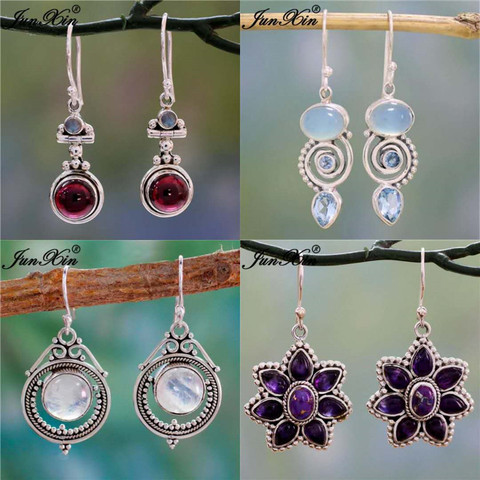 JUNXIN Antique Style Geometry Moonstone Drop Earrings For Women Boho Round Red Blue Opal Earrings Female Zircon Wedding Jewelry ► Photo 1/6