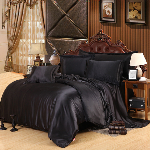 31 Solid Color Black Color Satin Silk  Luxury Cool Bedding Set for Summer with Duvet Cover Flat Sheet Pillowcase ► Photo 1/6