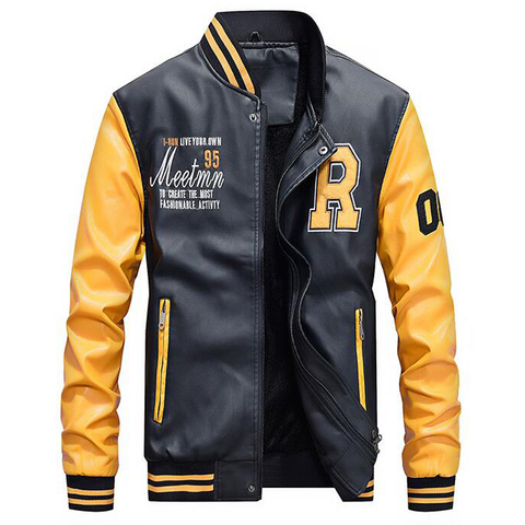 Jacket Men Embroidery Baseball Jackets Pu Leather Coats Slim Fit College Luxury Fleece Pilot Leather Jackets casaco masculino ► Photo 1/1