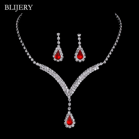 BLIJERY Silver Plated V Shaped Bridal Jewelry Sets Red Crystal Teardrop Choker Necklace Earrings Wedding Jewelry Sets for Women ► Photo 1/1