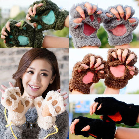 Winter Women Cute Cat Paw Claw Plush Mittens Short Fingerless Finger Half Gloves ► Photo 1/6