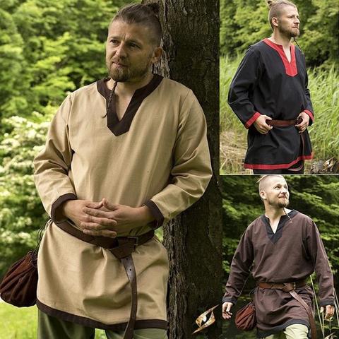 Medieval Costume Robe Men Shirt Long Sleeve Loose Robe Vikings Celtics Cosplay Tunic Pirate Warrior Knight Male Tops+belt S-5XL ► Photo 1/1