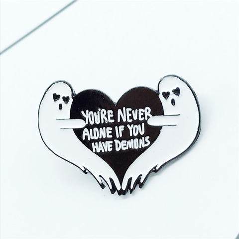Cartoon Badges Letter YOU'RE NEVER ALONE IF YOU HAVE DEMONS Brooches For Women Ghost Heart Pins Jewelry Enamel Pin Accessories ► Photo 1/6