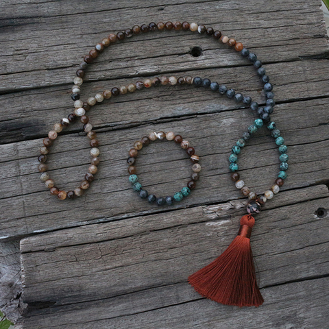 100% 8mm Natural Stone Beads,Coffee Onyx,African Turquoise,Labradorite,JaPaMala Sets,Spiritual Jewelry,Meditation,108 Mala Beads ► Photo 1/5