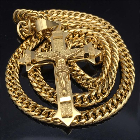 Gold tone Cross Christ Jesus Pendant Necklace Stainless Steel Link rolo Chain Heavy Men Jewelry Gift 21.65
