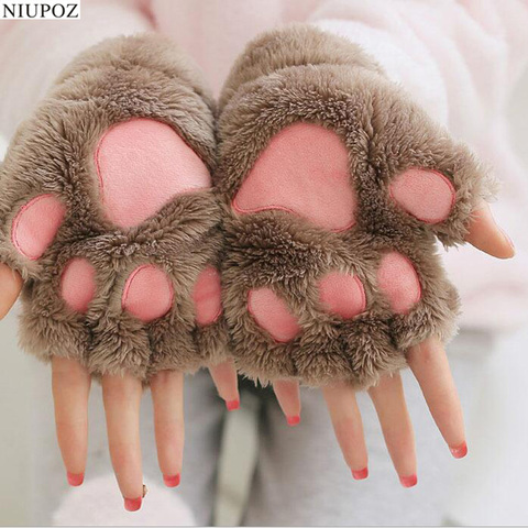 Women Lovely Cartoon Fluffy Bear Cat Claw Paw Mittens Winter Female Half Finger Plush Gloves Ladies Fingerless Warm Gloves G22 ► Photo 1/4