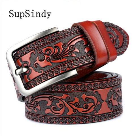 SupSindy Leather Men's Belt Pin Buckle Carved craft Cowhide Male Waistband brown fashion Luxury Top Genuine Leather Belt for Men ► Photo 1/1