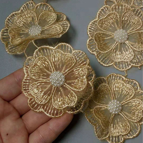 1 yard Gold Pearl Beaded Embroidered Flower Lace Trim Floral Applique Patches Fabric Sewing Craft Vintage Wedding Dress ► Photo 1/4