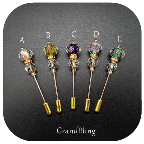 Fancy Coloured Glaze Beads Long Stick Lapel Pins Handmade Hijab Pins 5 Colors Available ► Photo 1/3