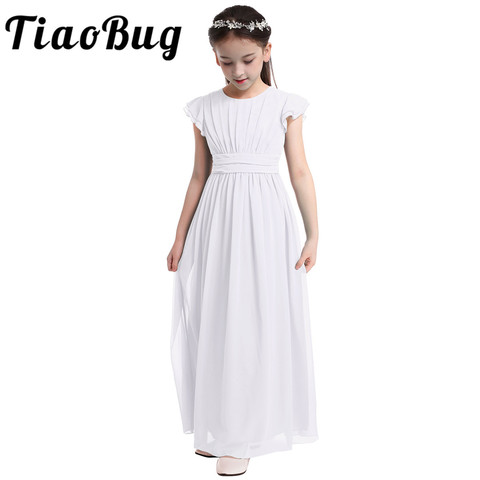 Girls Chiffon Flutter Sleeves Flower Girl Dress Pleated High-waisted Princess Pageant Birthday Wedding Party Long Dress SZ 4-14 ► Photo 1/1