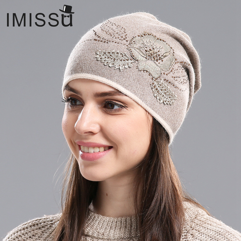 IMISSU Women's Winter Hats Hot Sale Gorros for Female Knitted Wool Casual Beanie Cap with Flower Pattern Gorros Thick Warm Hat ► Photo 1/5
