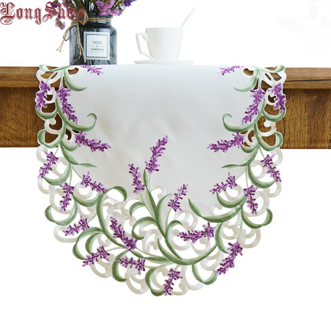 Home Decorative Beige Color Handmade Satin Cutwork Embroidered TV Stand Cabinet Cover Creative Lavender Lilac Oval Table Runner ► Photo 1/6