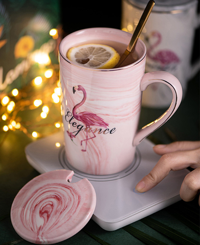 Ceramic Mug Gold Plated Flamingo Milk Coffee Tea mugs With Spoon Handle Household 55 Celsius heating thermostat padOffice Cup ► Photo 1/6