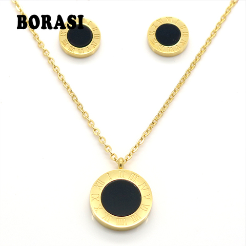 Round Pearl Shell Jewelry Roman Numerals Stylish Two Side Gold Color Pendant Necklace Earrings Fashion Wedding Jewelry Sets ► Photo 1/6